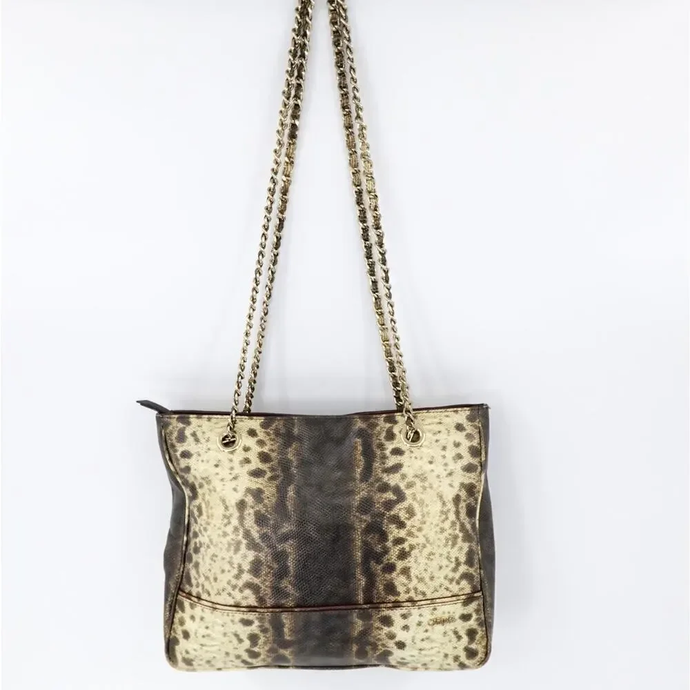 Tre Vero Karung Chain Shoulder Bag‎ Womens Brown Animal Print 80s Retro